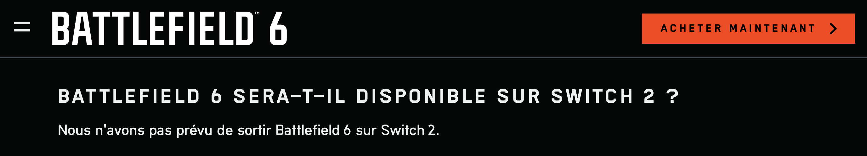 Battlefield 6 n'est pas prévu sur Nintendo Switch 2 d'après la Foire aux question d'Electronic Arts. Battlefield 6 n'est pas prévu sur Nintendo Switch 2 d'après la Foire aux question d'Electronic Arts.