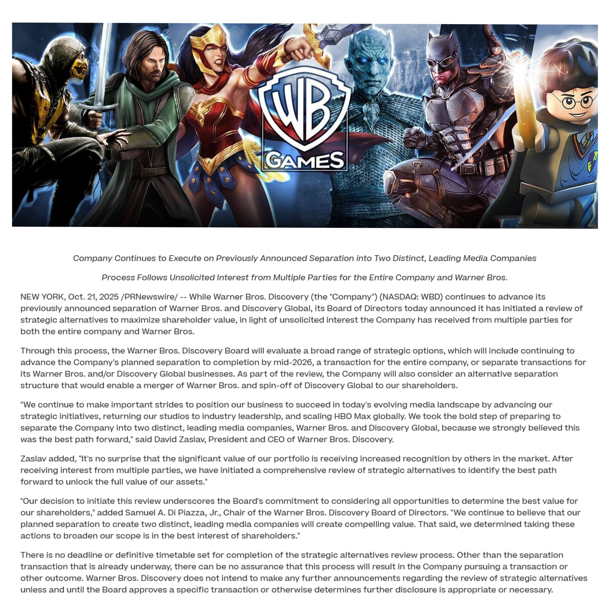 communiqué Warner Bros. Hogwarts Legacy. DC communiqué Warner Bros. Hogwarts Legacy. DC