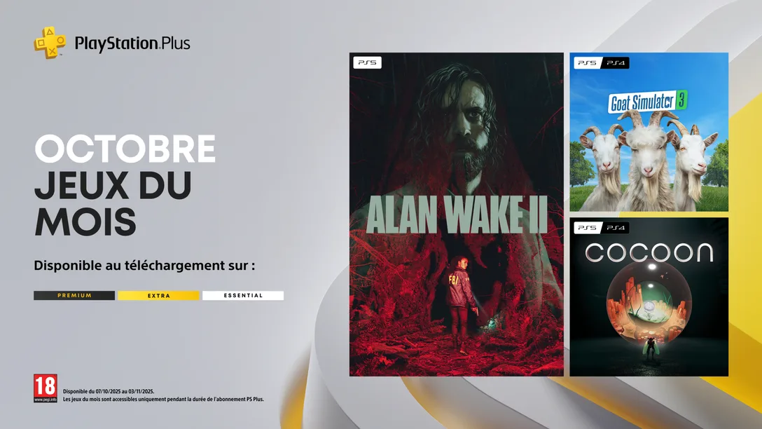 Les jeux gratuits d'octobre 2025 dans le PS Plus (Alan Wake 2, Goat Simulator et Cocoon). Les jeux gratuits d'octobre 2025 dans le PS Plus (Alan Wake 2, Goat Simulator et Cocoon).