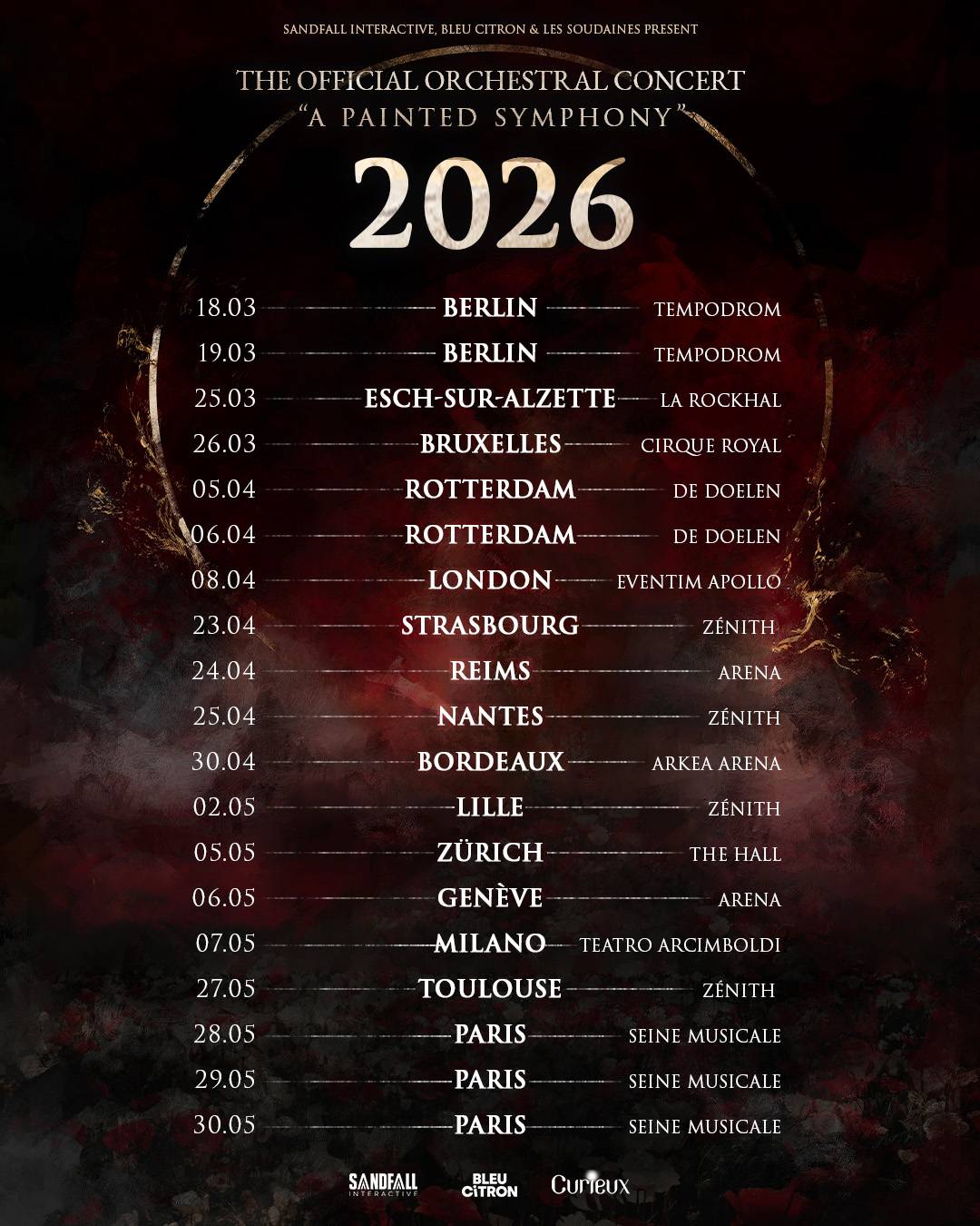 Dates 2026 de la tournée Painted Symphony de Clair Obscur Expedition 33. Dates 2026 de la tournée Painted Symphony de Clair Obscur Expedition 33.