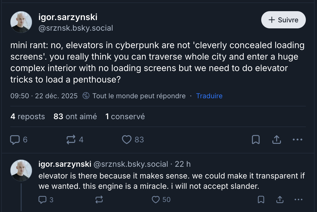 Igor Sarzynski met les choses au clair concernant les ascenseurs de Cyberpunk 2077.