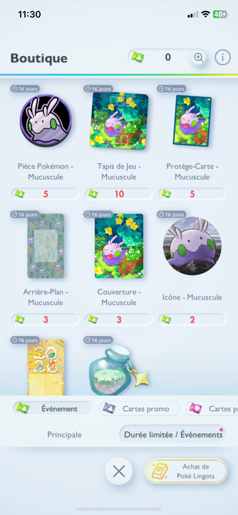 Items Ã  l'effigie de Mucusule dans la boutique de Pokemon Pocket.