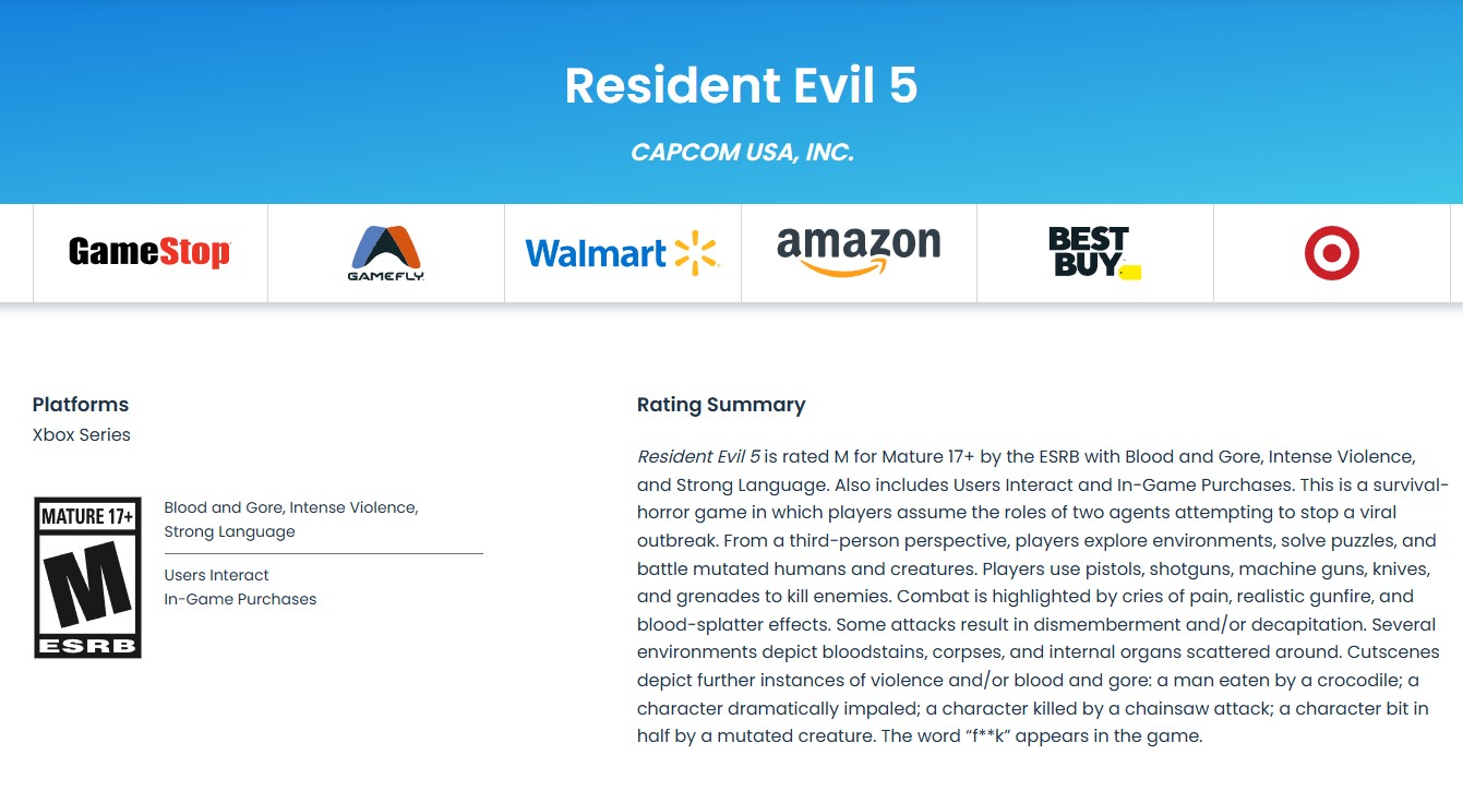 Resident Evil 5 ESRB