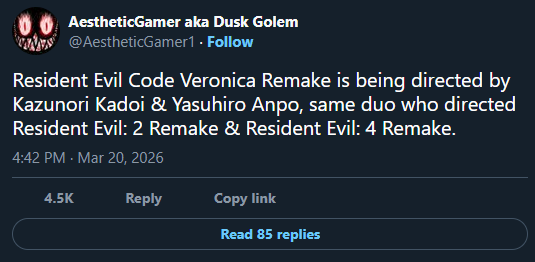 Dusk Golem sur X pour Resident Evil Code Veronica Remake