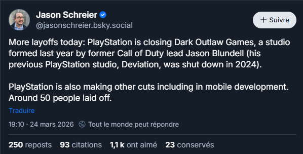 Jason Schreier a propos de la fermeture du studio par PlayStation