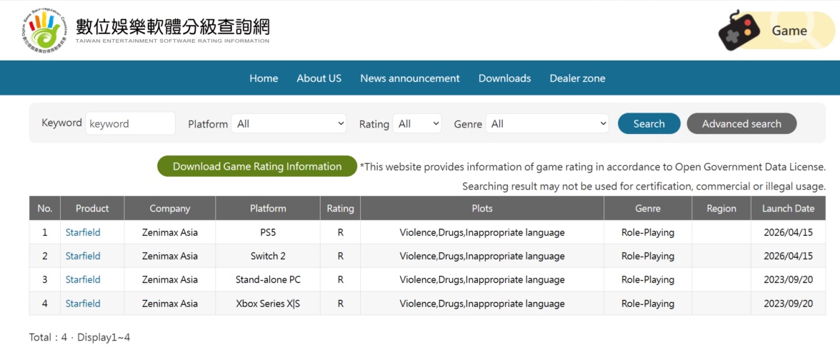 Classification TaÃ¯wan Starfield Switch 2