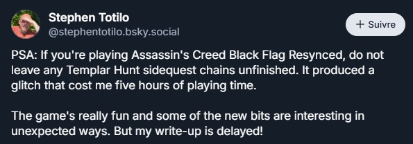 Stephen Totilo alerte sur un bug d'Assassin's Creed Black Flag Resynced