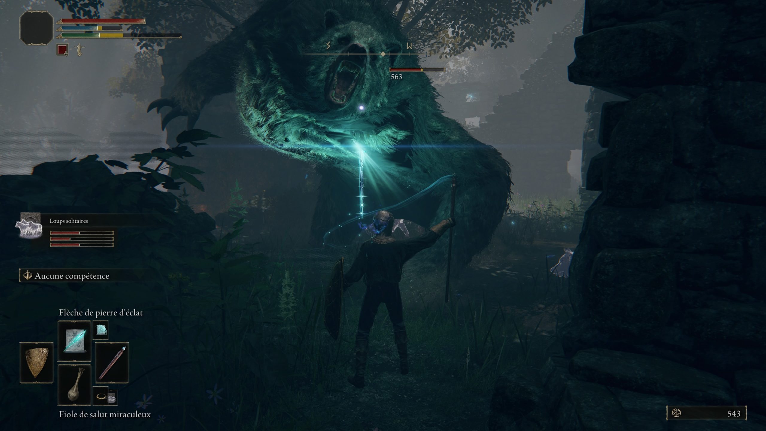 Screenshot de gameplay lors d'un combat de boss dans Elden Ring.