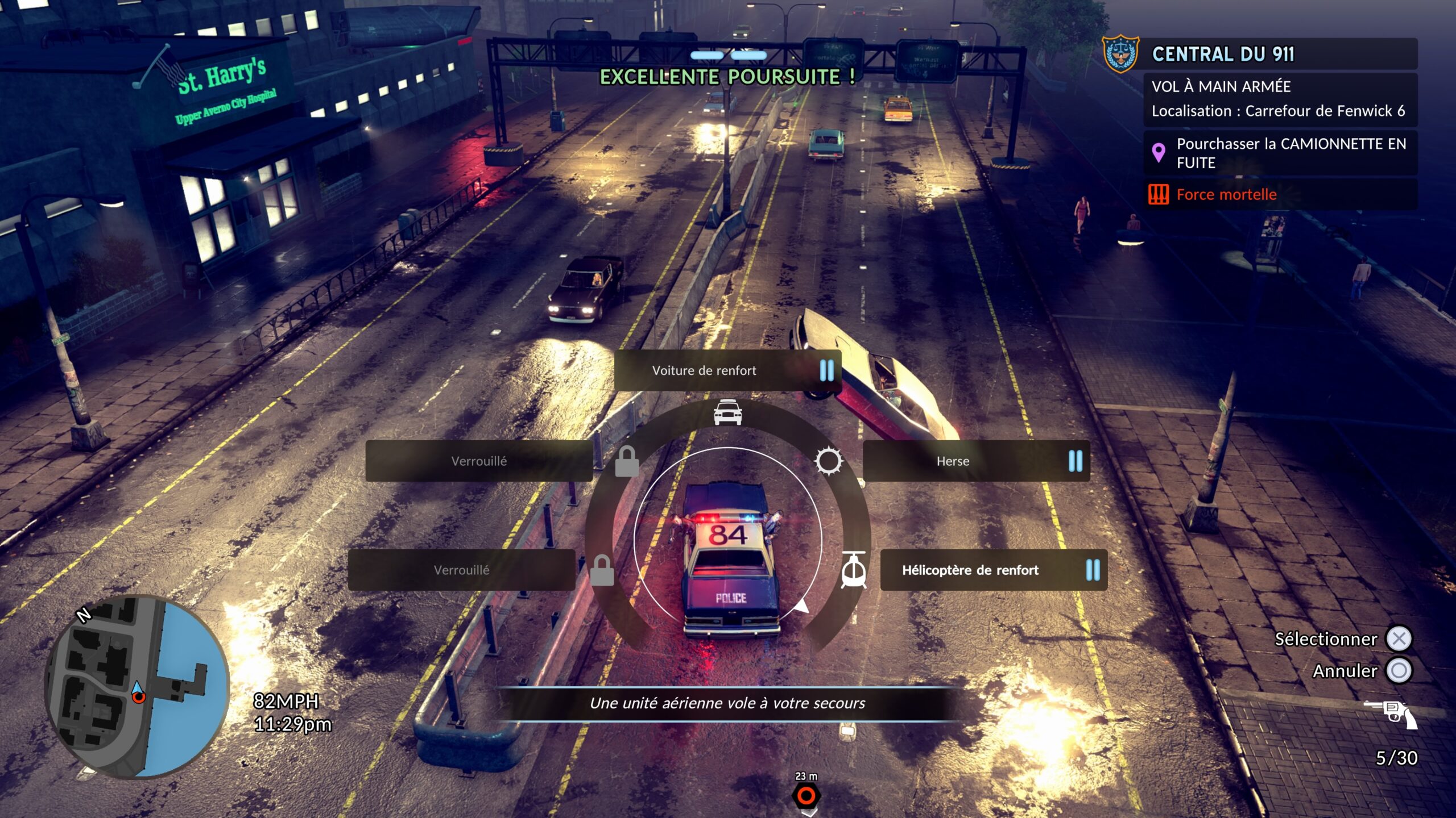 Capture d'une poursuite Ã  bord d'une voiture de police dans The Precinct