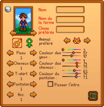 Stardew Valley : Menu de création du personnage. Stardew Valley : Menu de création du personnage.
