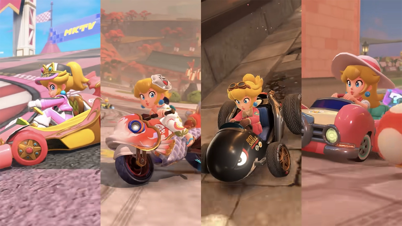 Mario Kart World : Différents skins de Peach. Mario Kart World : Différents skins de Peach.