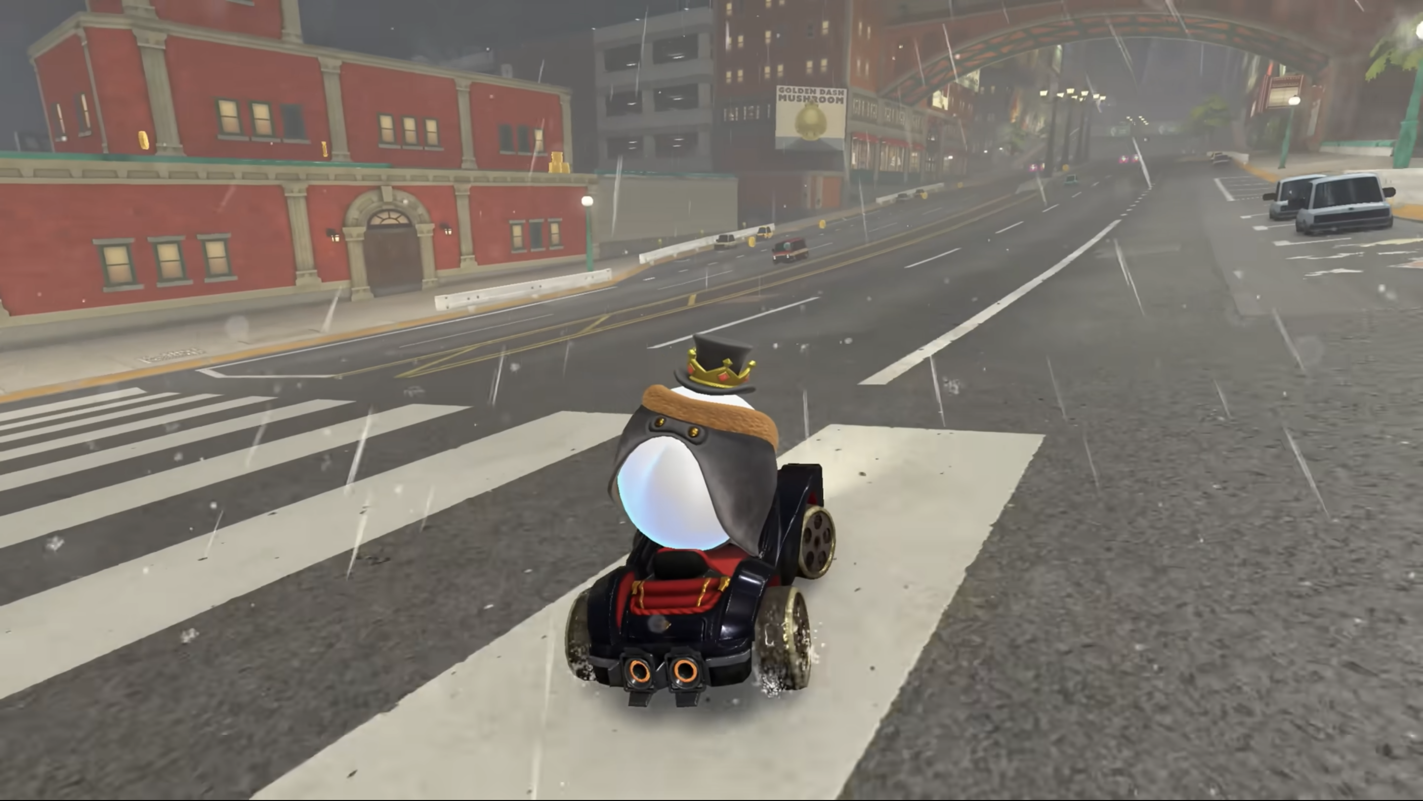 Mario Kart World : Pluie sur la piste en pilotant un Boo. Mario Kart World : Pluie sur la piste en pilotant un Boo.