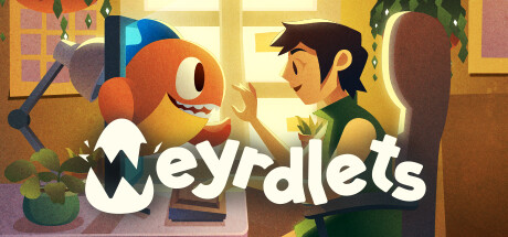 Un monstre mignon et coloré sortant de l'écran rencontre le jeune homme assis derrière l'ordinateur, sur une chaise. Ils sourient tous les deux. Le titre du jeu « Weyrdlets » est écrit sur l'image. Un monstre mignon et coloré sortant de l'écran rencontre le jeune homme assis derrière l'ordinateur, sur une chaise. Ils sourient tous les deux. Le titre du jeu « Weyrdlets » est écrit sur l'image.
