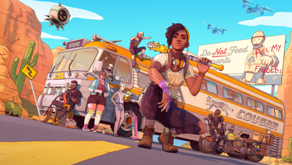 Une jeune femme noire fait face au public, tenant une batte derrière la nuque tout en étant accroupie. Derrière elle, son équipe—deux hommes, un robot et deux femmes—attend près du bus. Ils sont sur une route, au milieu d'un désert futuriste de l'Arizona, avec un petit robot et deux drones volant dans les airs. Le nom du jeu « Dustborn » est écrit sur l'image. Une jeune femme noire fait face au public, tenant une batte derrière la nuque tout en étant accroupie. Derrière elle, son équipe—deux hommes, un robot et deux femmes—attend près du bus. Ils sont sur une route, au milieu d'un désert futuriste de l'Arizona, avec un petit robot et deux drones volant dans les airs. Le nom du jeu « Dustborn » est écrit sur l'image.