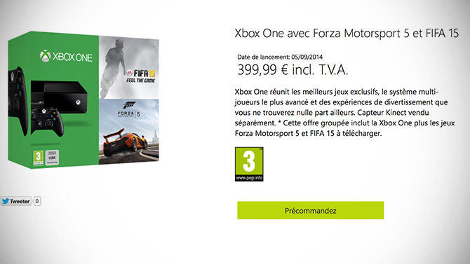 Xbox One à 399 euros avec FIFA 15 et Forza 5