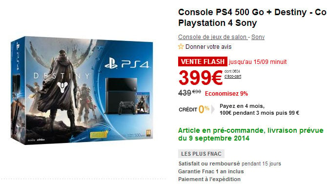 La PS4 + Destiny pour 399 euros chez notre partenaire FNAC