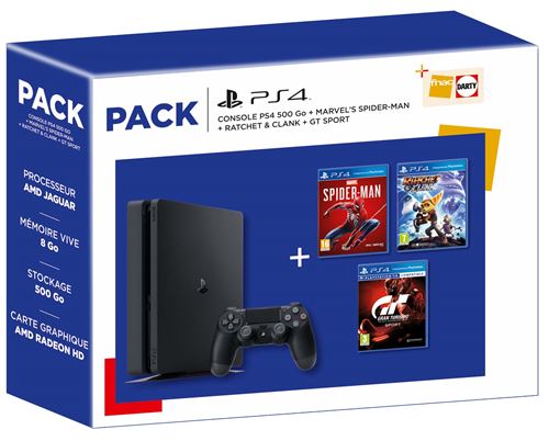 PS4 : -28% sur le pack PS4 500 Go Noir + Marvel's Spider-Man + Ratchet et Clank + GT Sport