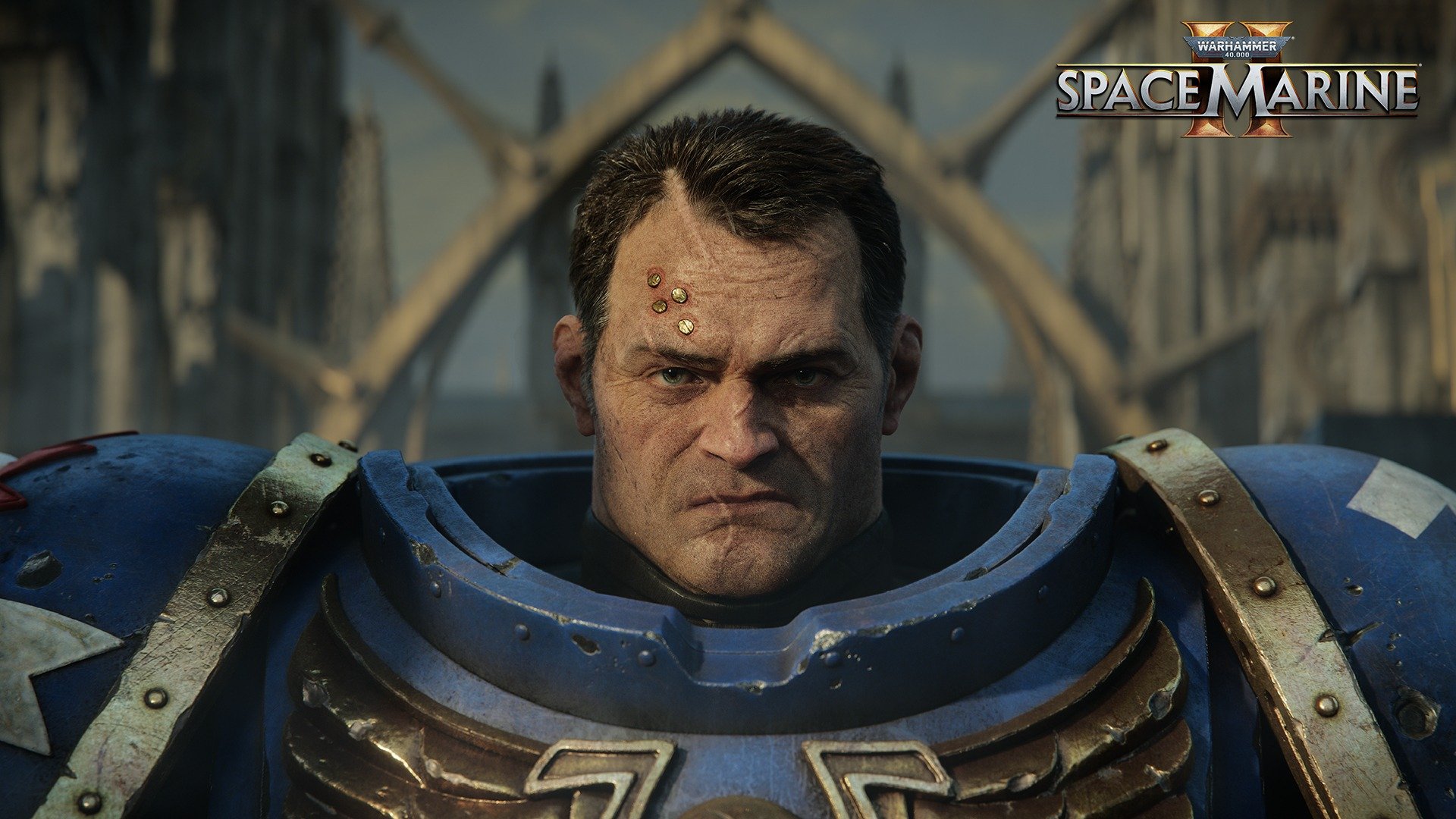 Image of a Space Marine without a helmet.