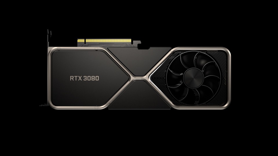 Photo de la carte Nvidia RTX 3080 sur fond noir.
