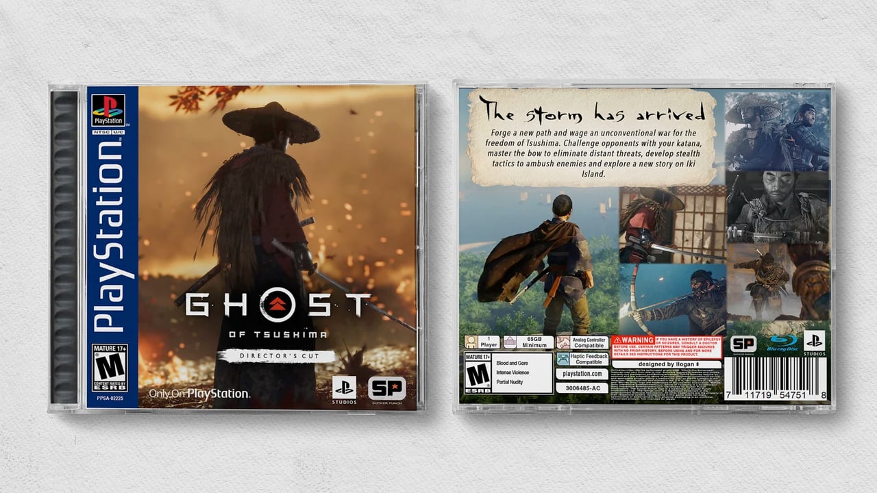 A fake PSOne box for Ghost of Tsushima