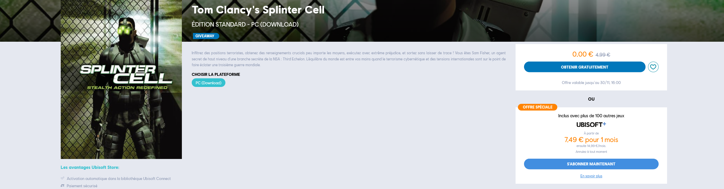 Splinter Cell jeu gratuit Ubisoft Store