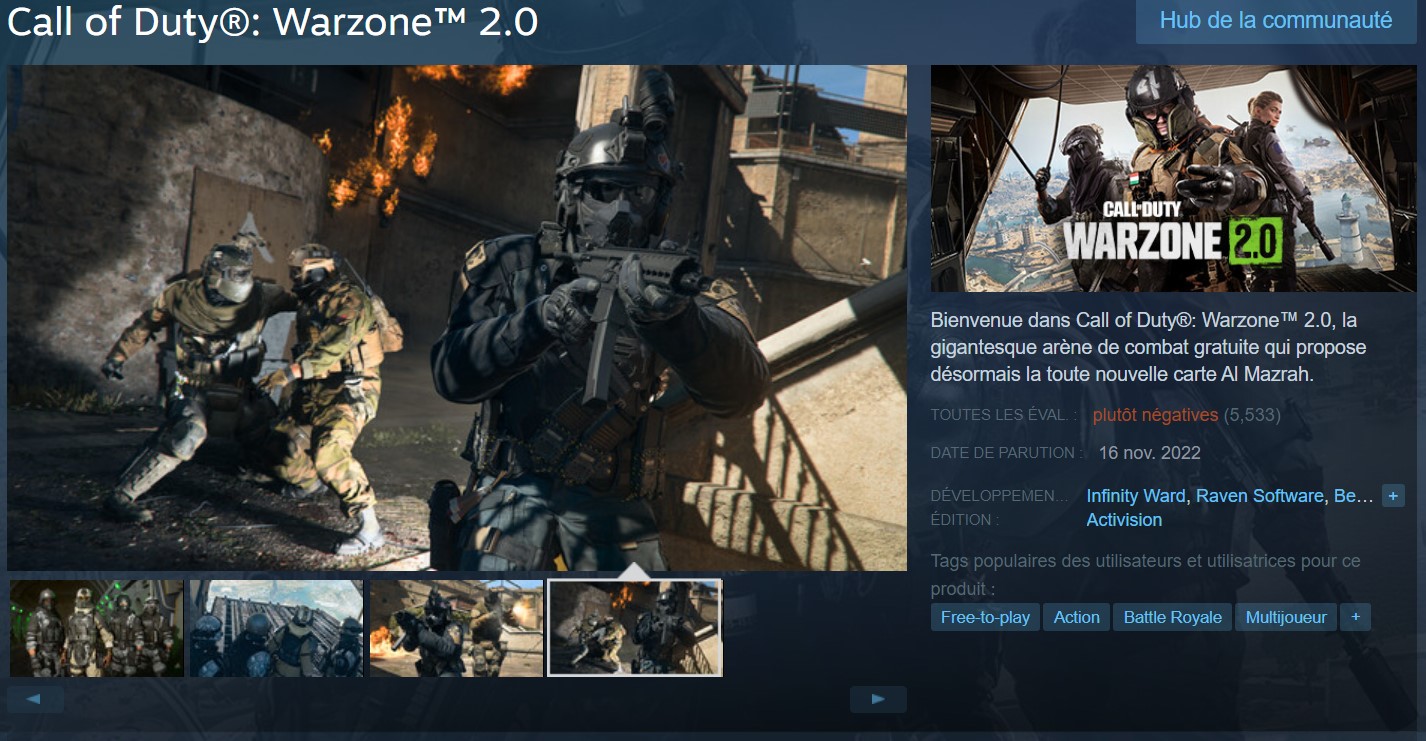 Call of Duty Warzone 2 mauvaise note Steam