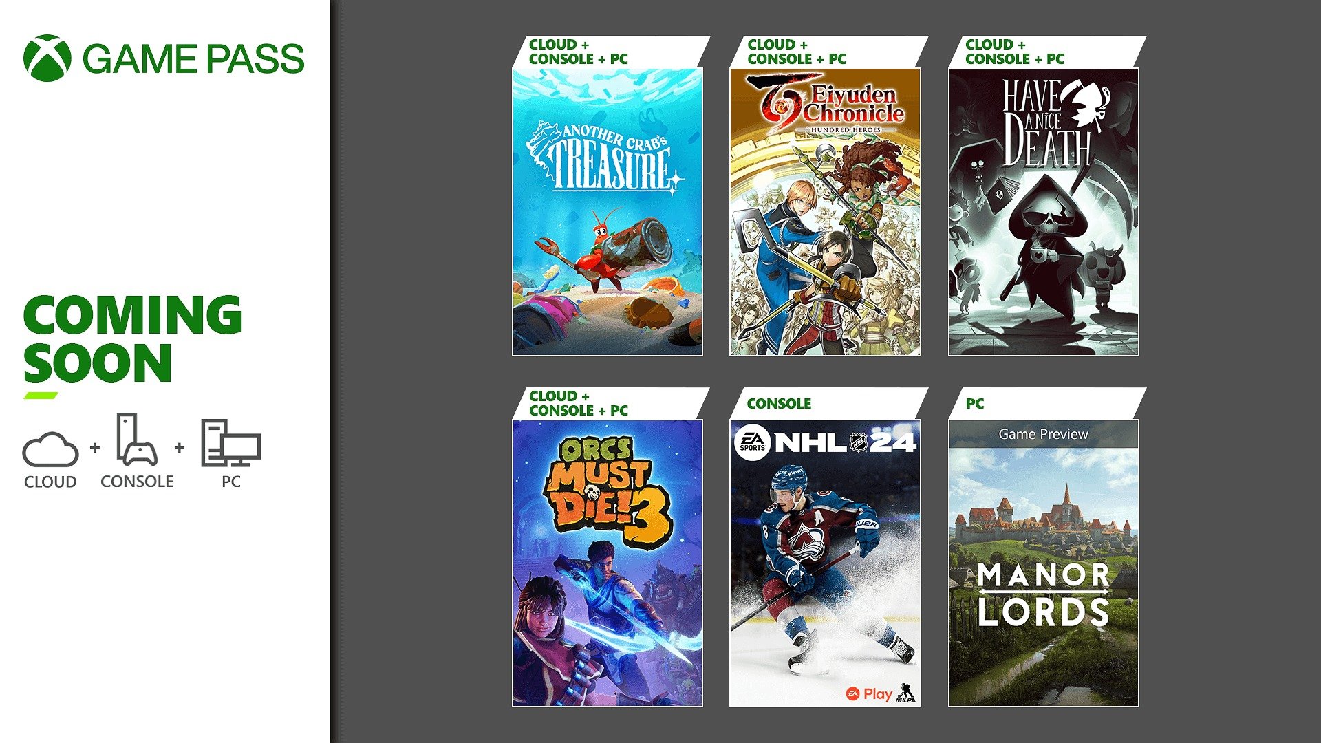 Six jeux intégrant le Xbox Game Pass fin avril 2024.