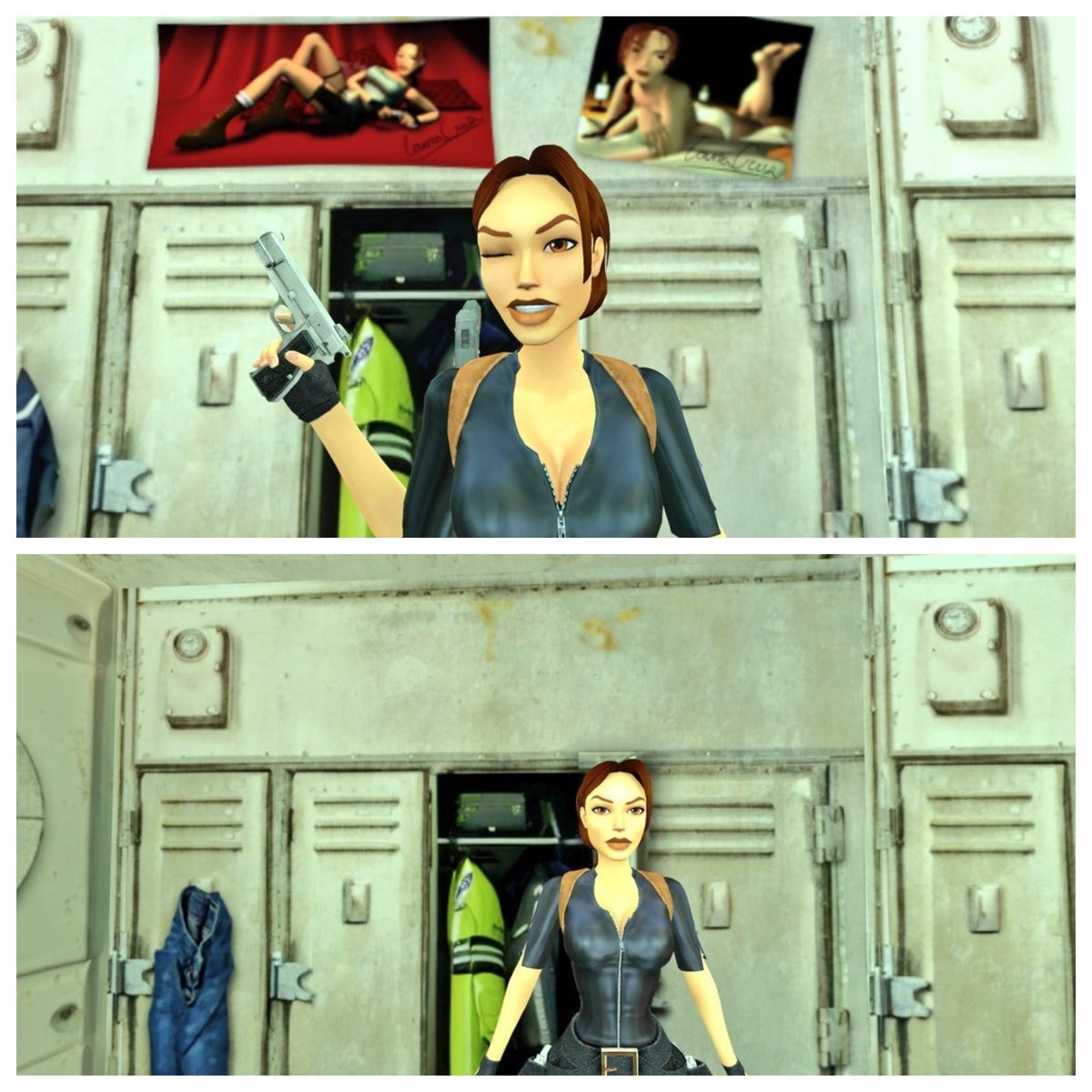 Tomb Raider 1-3 Remastered posters pin-up comparatif avant et après patch