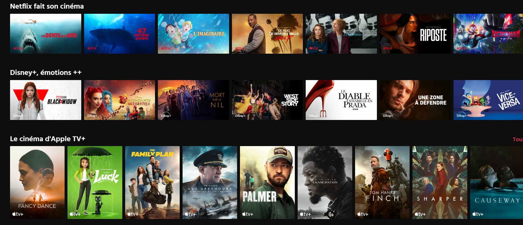 Exemples de films et séries disponibles sur Netflix, Disney+ et Apple TV+ via l'offre RAT+. 