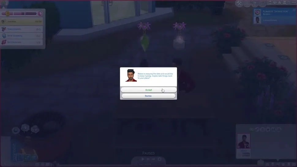 Un cliché des Sims 4 qui dévoile un pop-up permettant de solliciter le joueur pour faire avancer une relation 