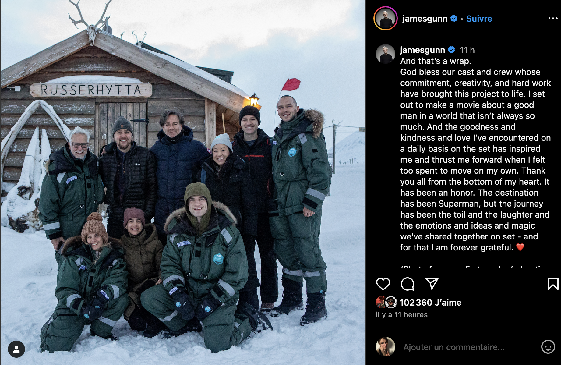 Superman : James Gunn annonce la fin du tournage sur Instagram.