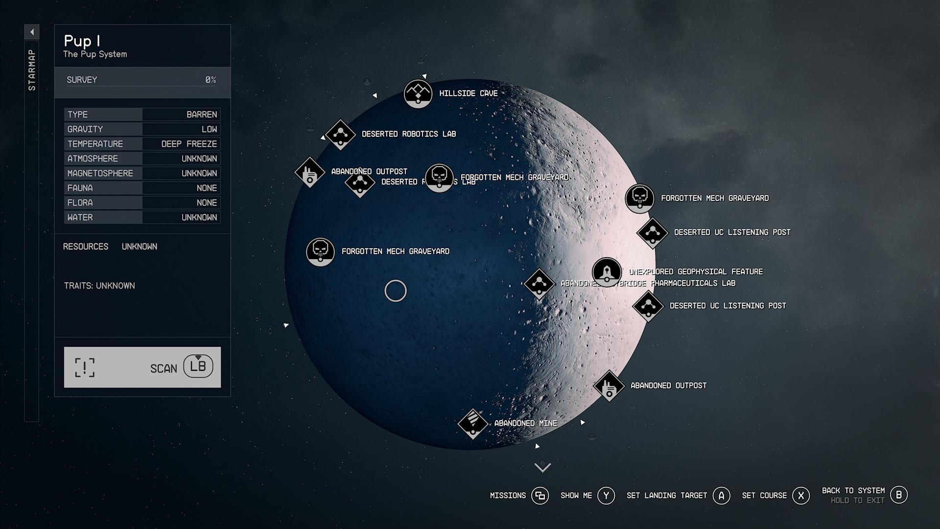 Points d'intérêt sur une planète dans Starfield.