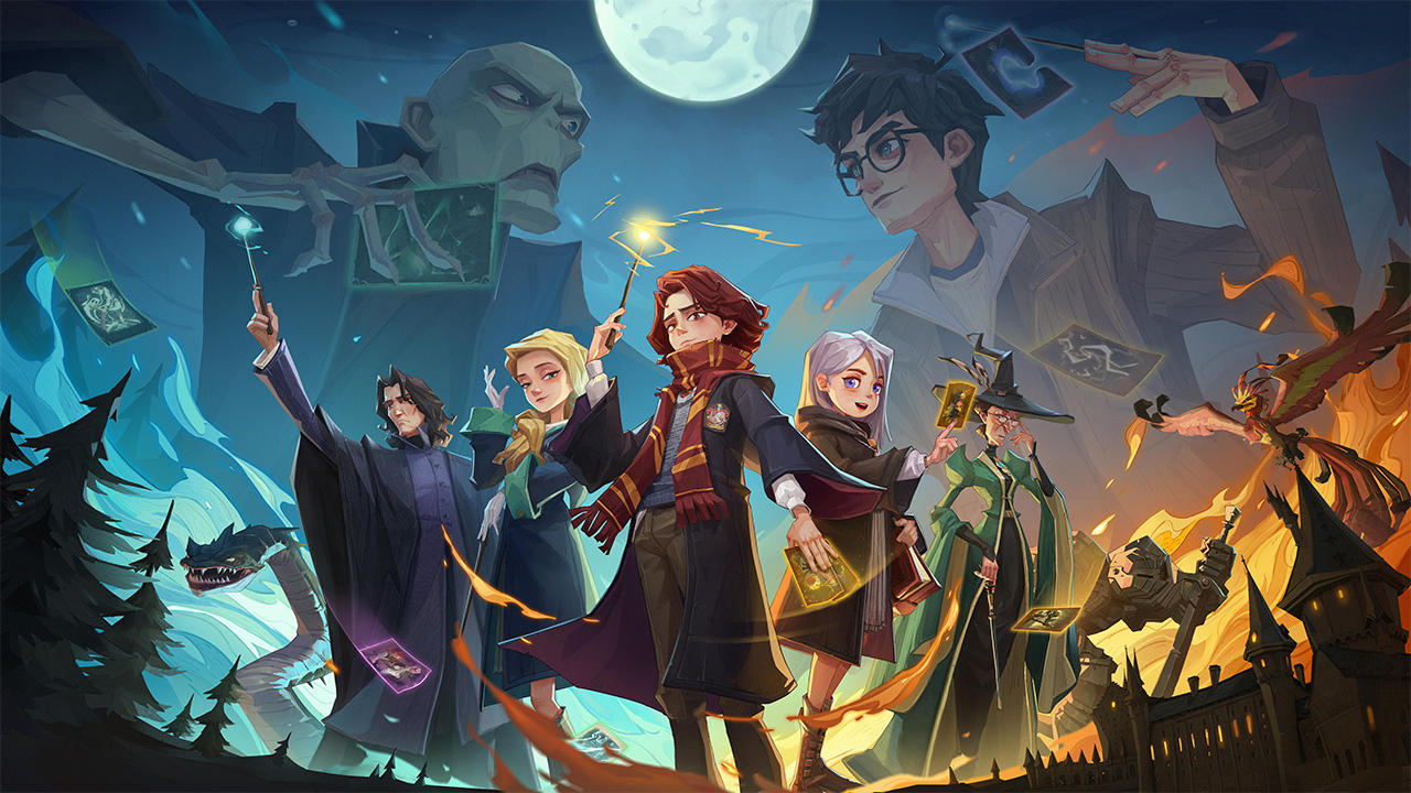 Key art du jeu vidéo Harry Potter Magic Awakened, montrant des personnages personnalisés, des professeurs ainsi que Harry Potter lui-même et Voldemort en fond.