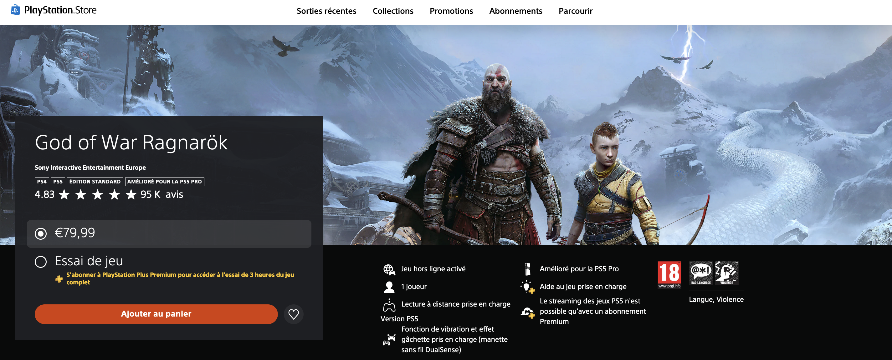 Le pictogramme 'PS5 Pro' apparaît sur la page PS Store de God of War Ragnarök.