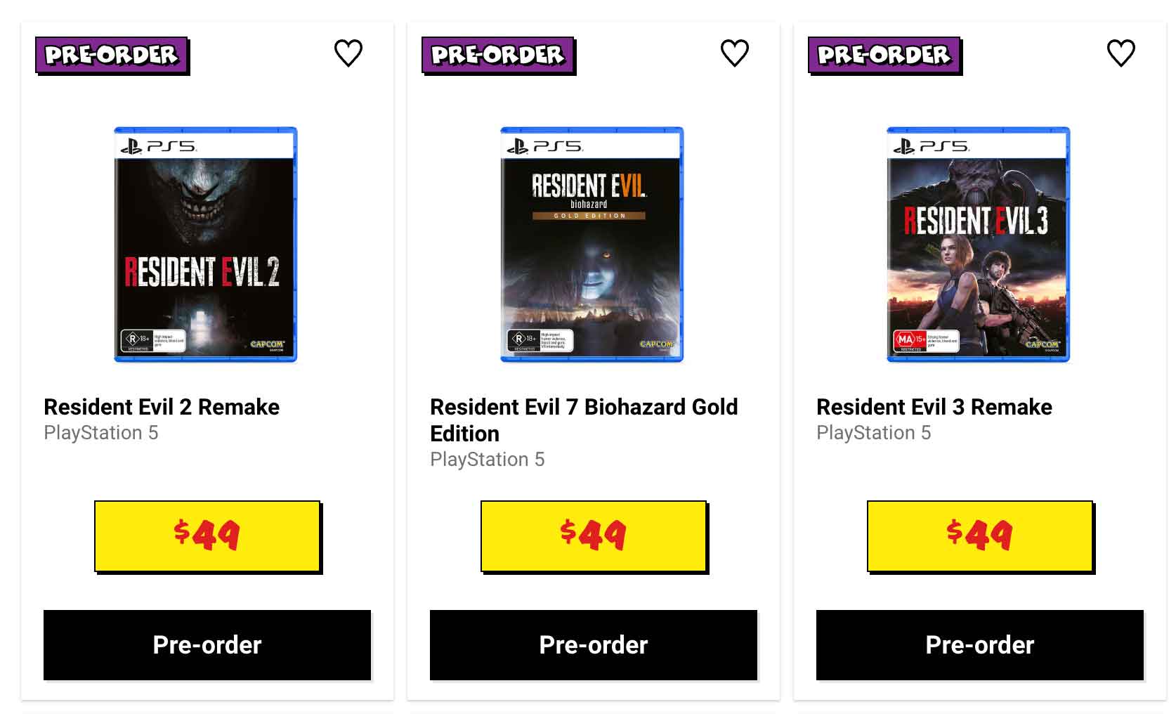 Capture du magasin australien JB Hi-Fi qui liste des versions physiques PS5 de Resident Evil 2 & Remake et de Resident Evil 7. 