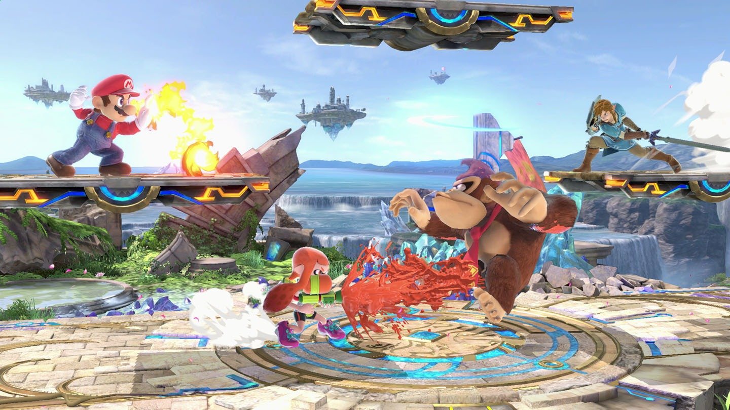 Capture de Super Smash Bros Ultimate avec Link (The Legend of Zelda), Donkey Kong, Mario et 
Inkling (Splatoon). 