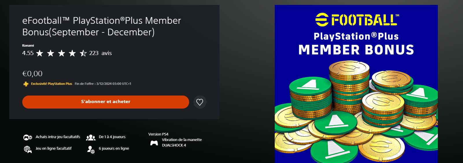 efootball bonus ps plus de septembre à décembre 2024