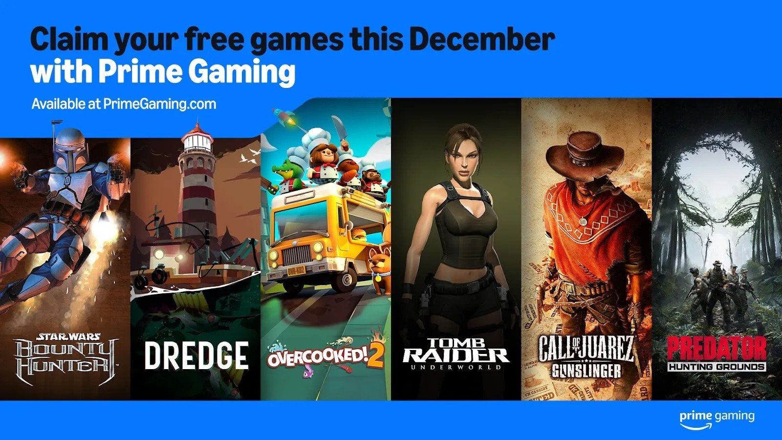 Illustration de certains jeux offerts sur Prime Gaming en décembre 2024 avec Star Wars Bounty Hunter, Dredge, Overcooked 2, Tomb Raider Underworld, Call of Juarez Gunslinger et Predator Hunting Grounds. 