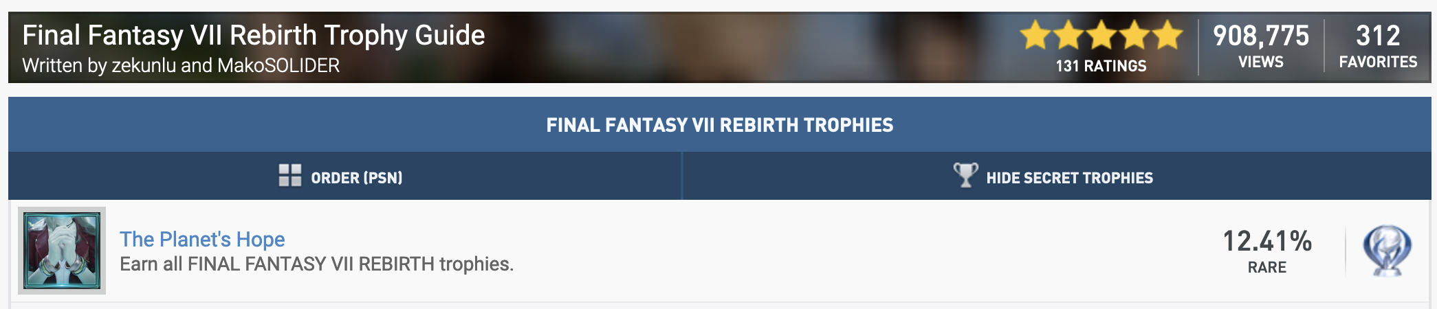 Statistiques du trophée platine de FF7 Rebirth.