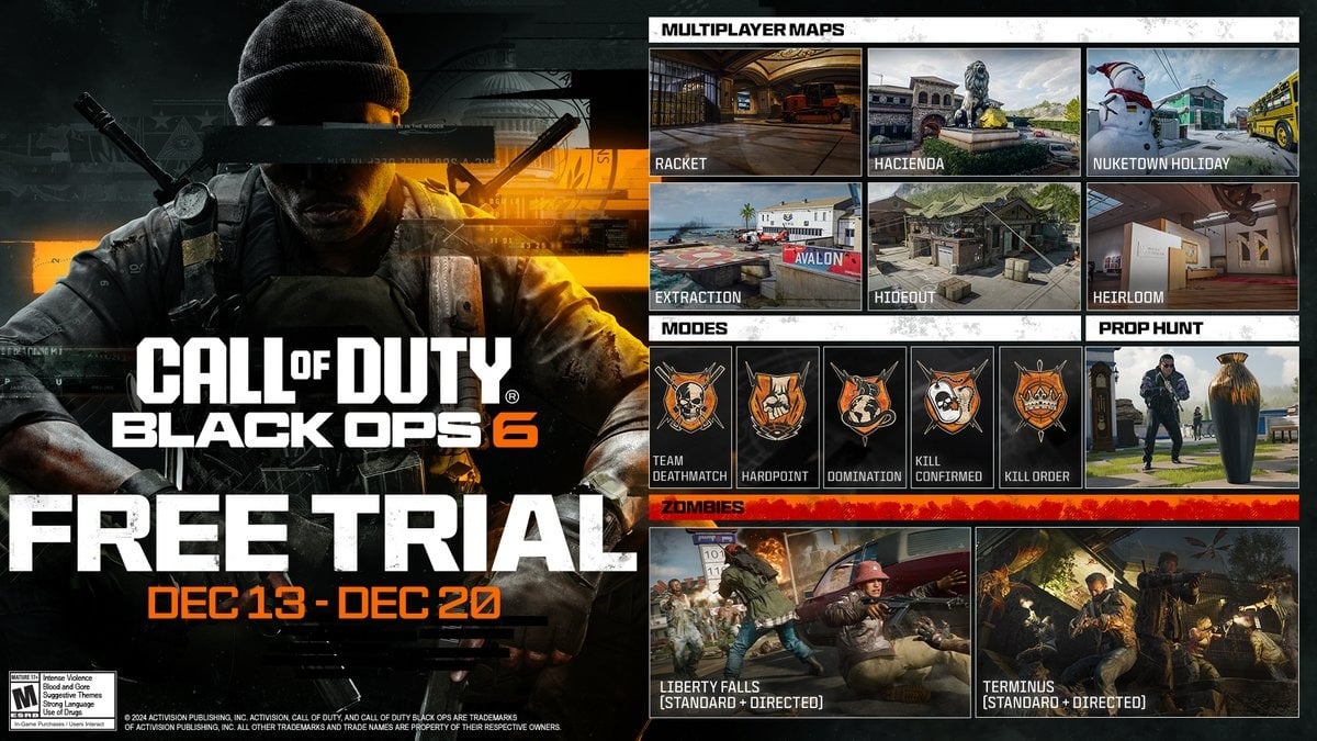 Détails des contenus accessibles lors de l'essai gratuit de Call of Duty Black Ops 6 du 13 au 20 décembre 2024. 