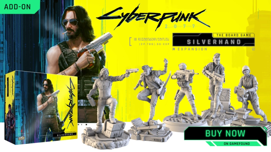 Aperçu de la boîte "Johnny Silverhand" du jeu de plateau Cyberpunk 2077 créé par Go On Board.