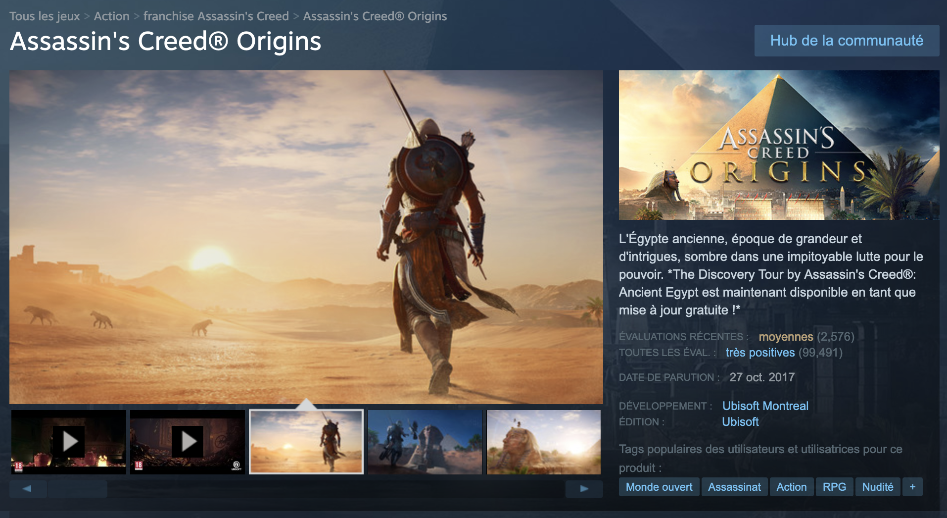 Capture d'écran de la page Steam du jeu Assassin's Creed Origins.