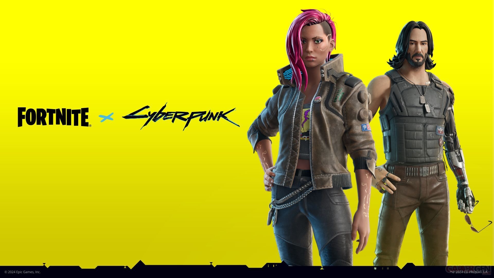 Skin de V (femme) et Johnny Silverhand de Cyberpunk 2077 dans Fortnite.