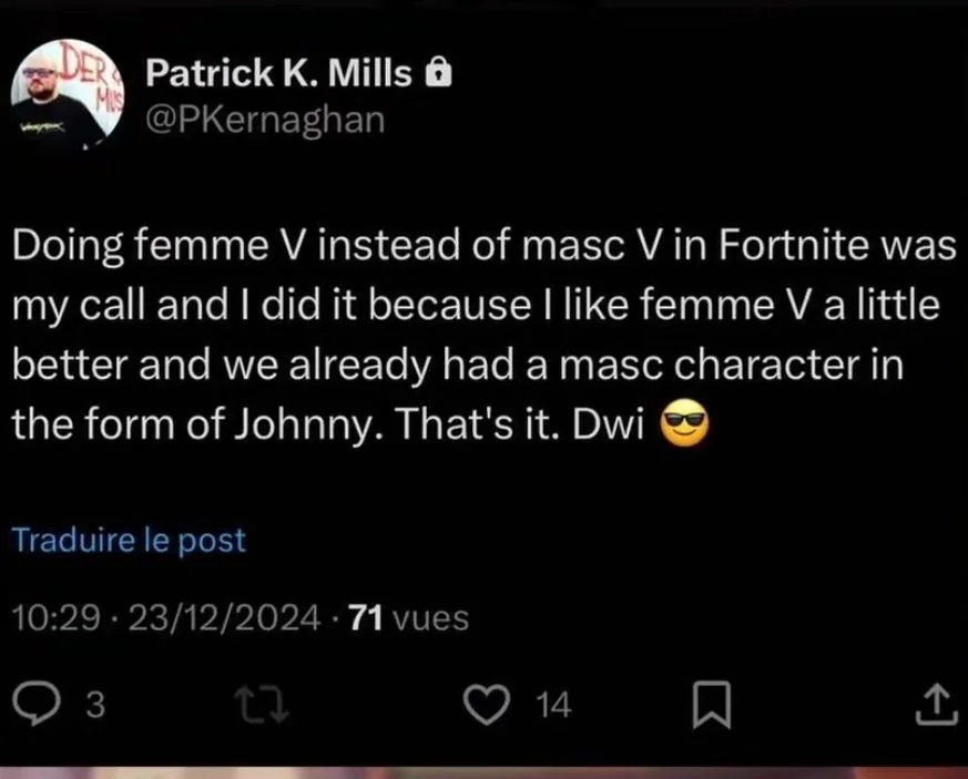 Capture d'écran d'un post de Patrick K Mills à propos du choix de V (femme) de Cyberpunk 2077 dans Fortnite.