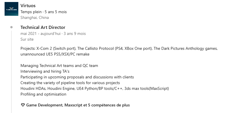 Image du profil LinkedIn d'Oleksii Moskovchenko, directeur artistique chez Virtuous, qui confirmerait le remake de The Elder Scrolls 4 Oblivision