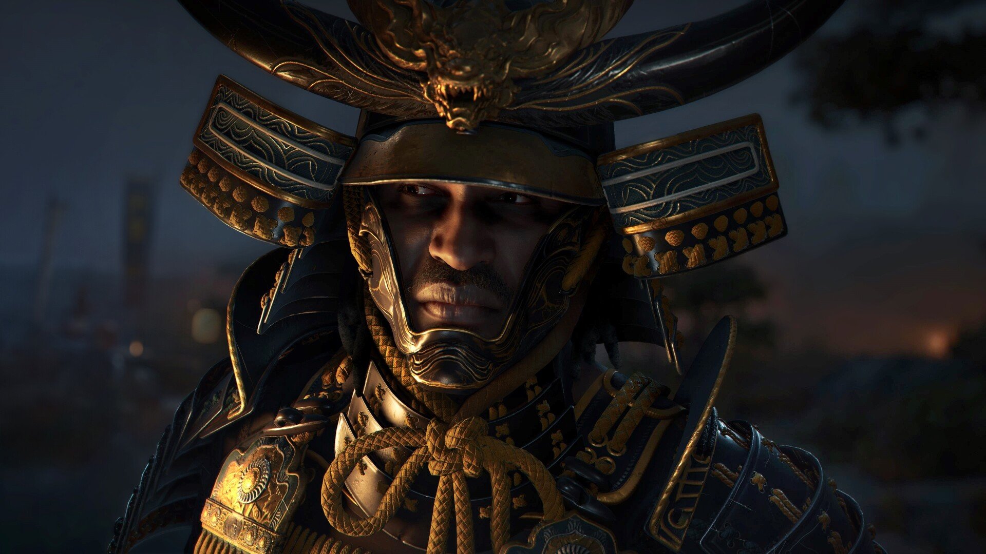 Gros plan sur le visage de Yasuke dans Assassin's Creed Shadows.