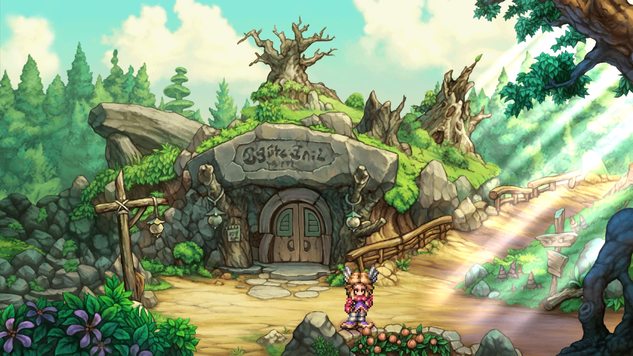 Personnage devant l'atelier la version 2021 de Legend of Mana.