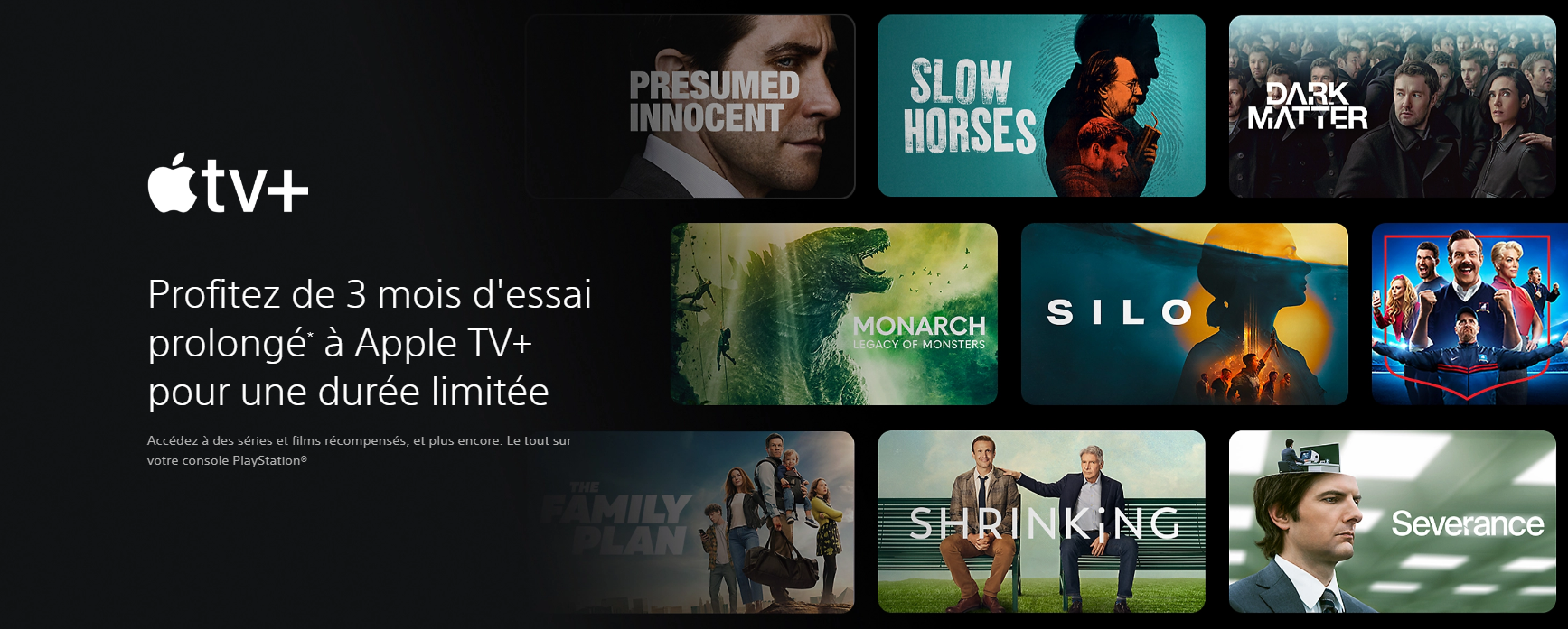 Visuel de l'offre de 3 mois d'essai gratuit prolongé à Apple TV+ sur PS5 et PS4 