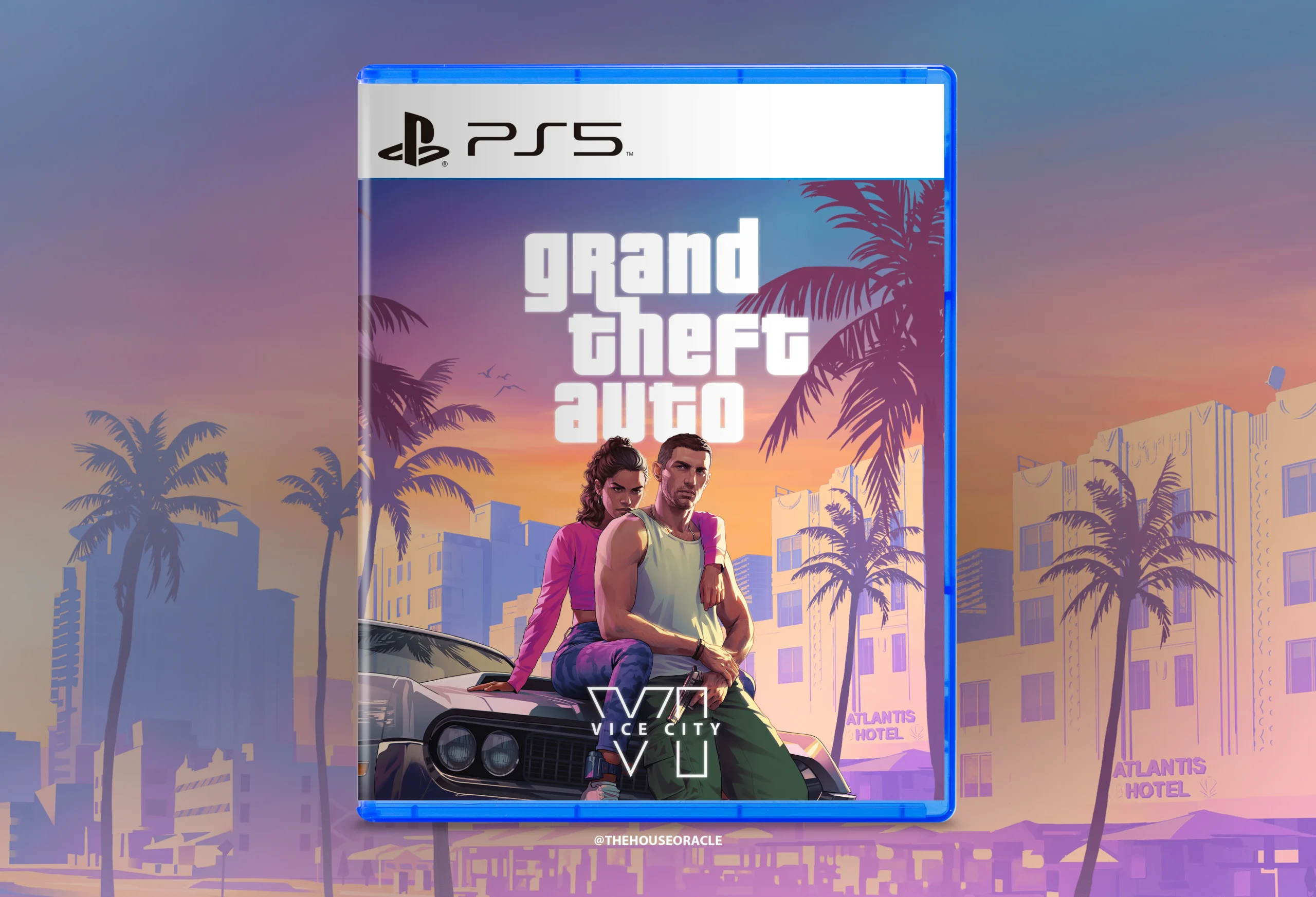 Mockup fanmade de la jaquette PS5 de GTA 6, réalisé par TheHouseOracle et partagé sur Reddit.