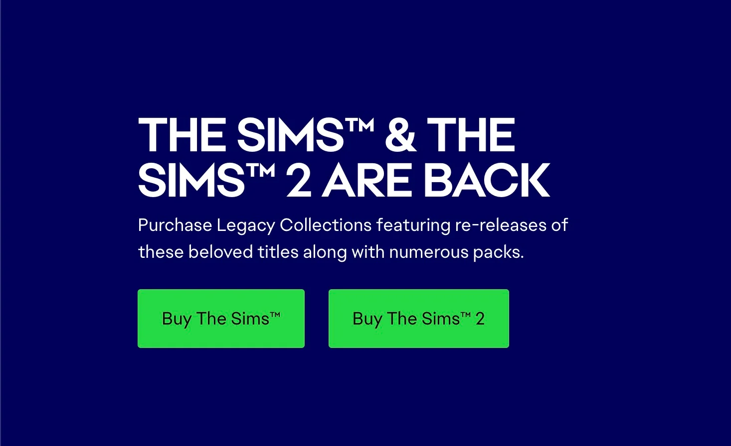 Page du store d'Electronic Arts dédiée aux Sims 1 et 2 sous forme de Legacy Collection.